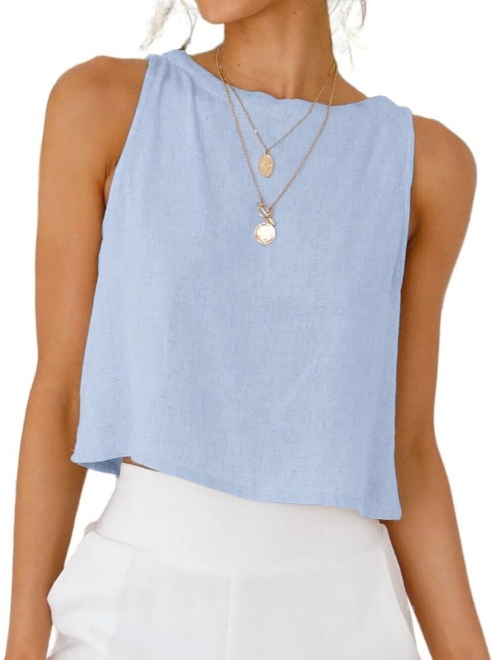 Women's Light Blue Button Linen Summer Beach Sleeveless Imported Tank Top